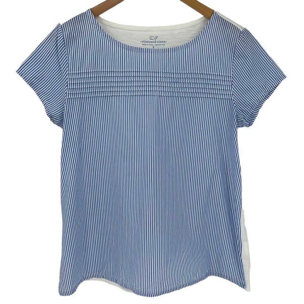Vineyard Vines Stripe Pleated Short Sleeve Shirt Preppy Women Small Blue White